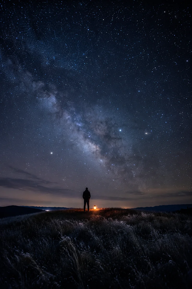 Starry Night Meadow With Lone Silhouette