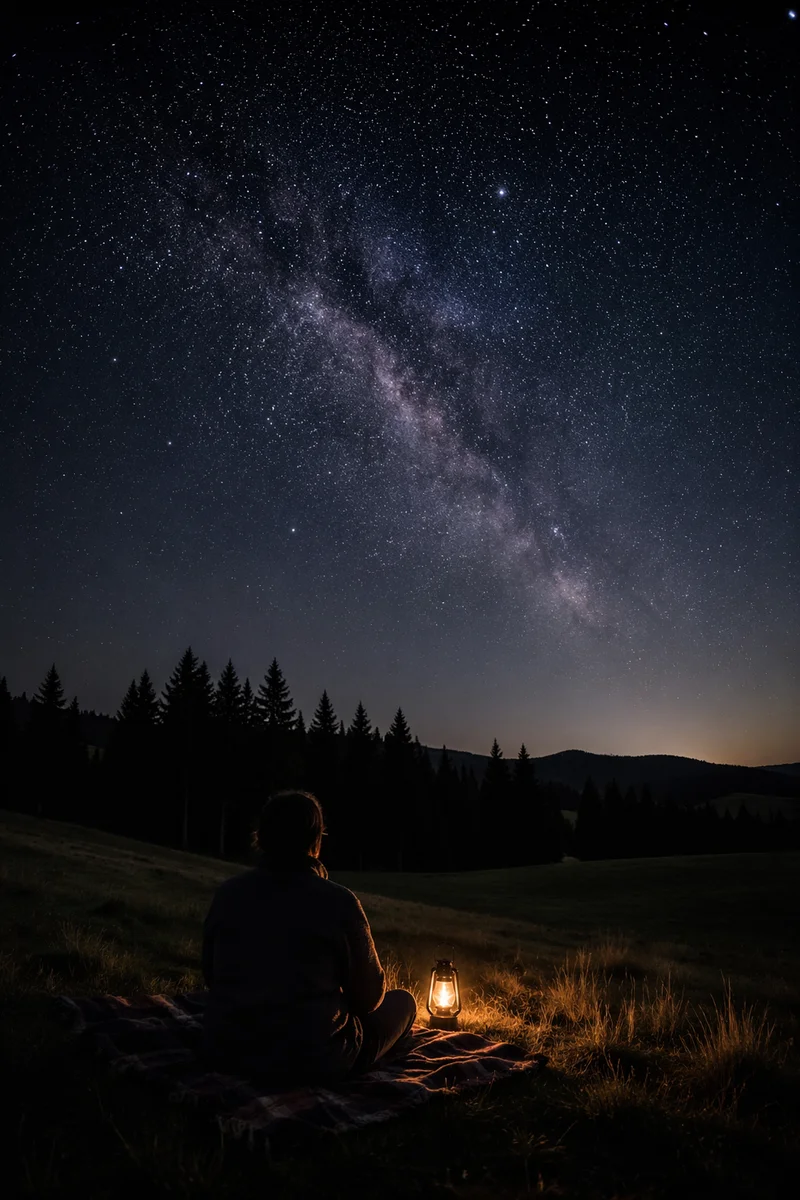 Contemplative Figure Beneath Starry Meadow Sky
