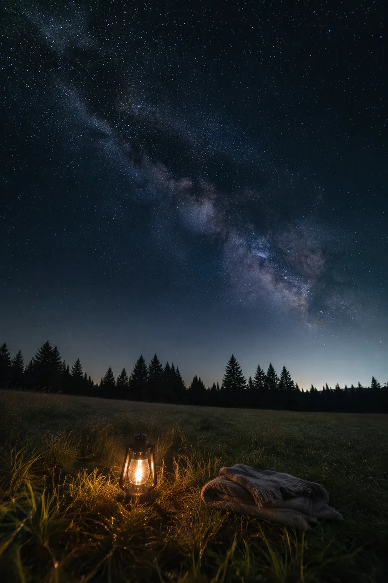 Starry Meadow Night with Gentle Lantern Glow