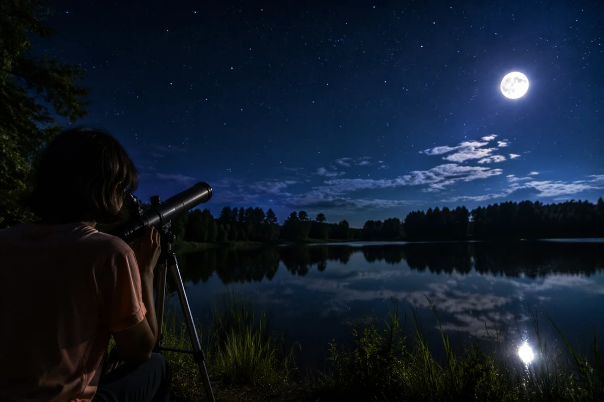 Stargazing by Moonlit Lake at Night