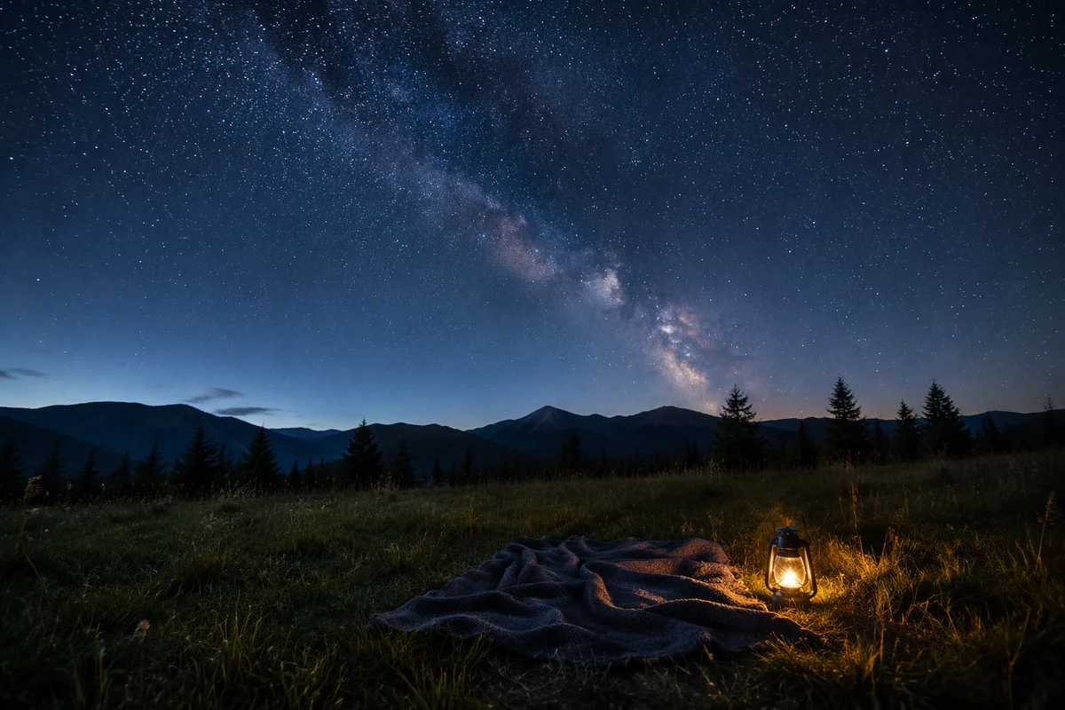 Starry Meadow Night with Warm Lantern