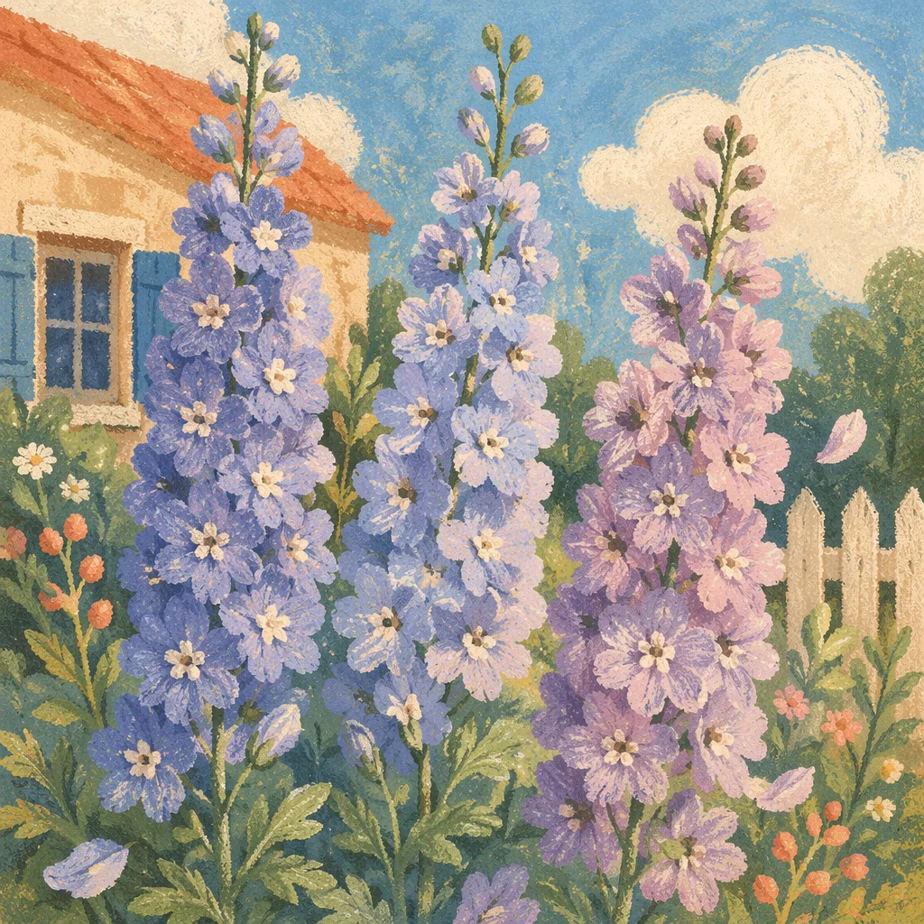 Sunny Summer Delphiniums in Cottage Garden