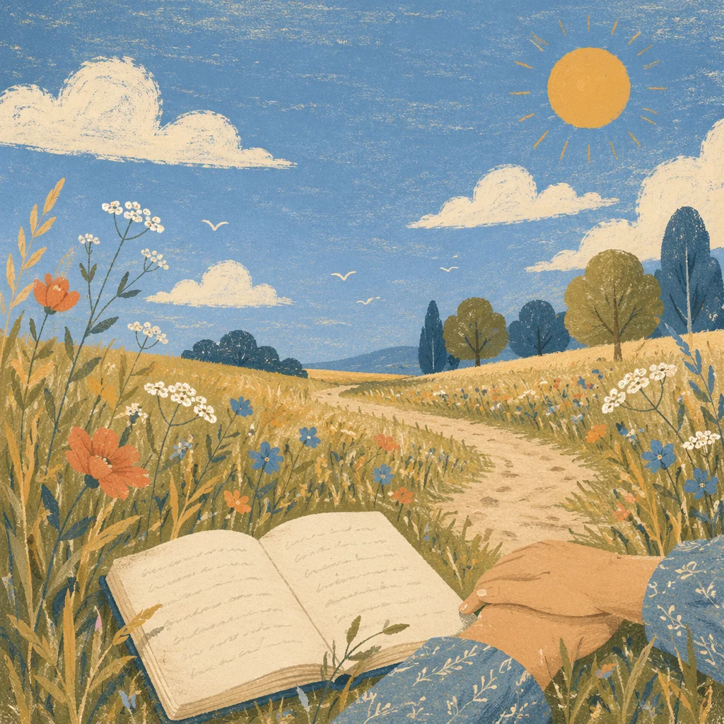 Summer Meadow Reflection Under Blue Sky