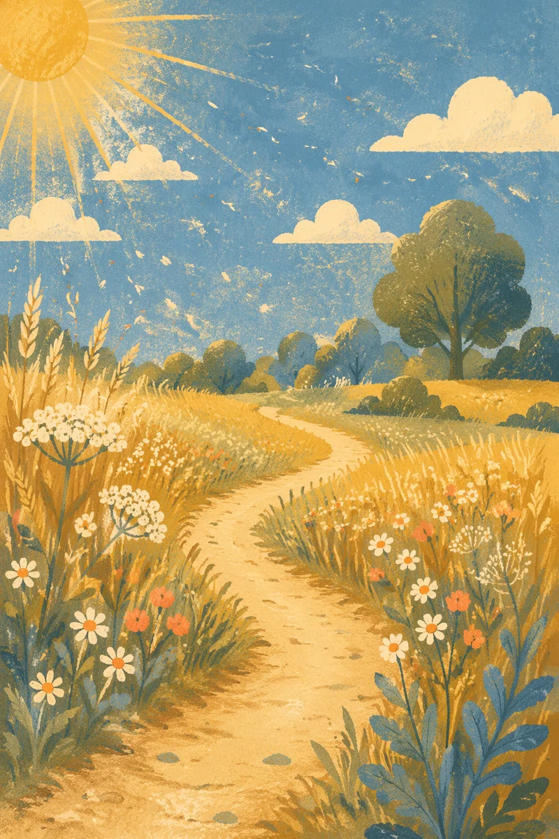 Sunny Summer Meadow Path Under Blue Sky