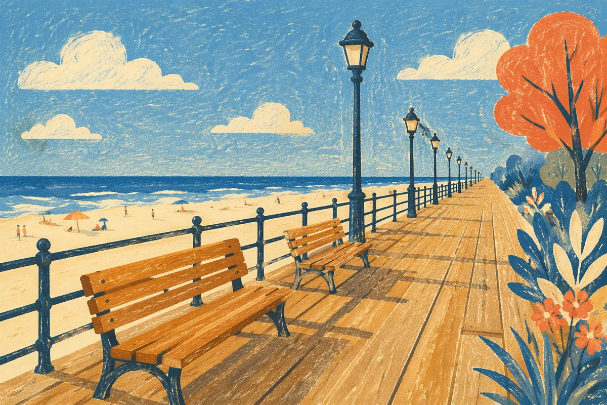 Sunny Coastal Boardwalk Under Blue Summer Sky