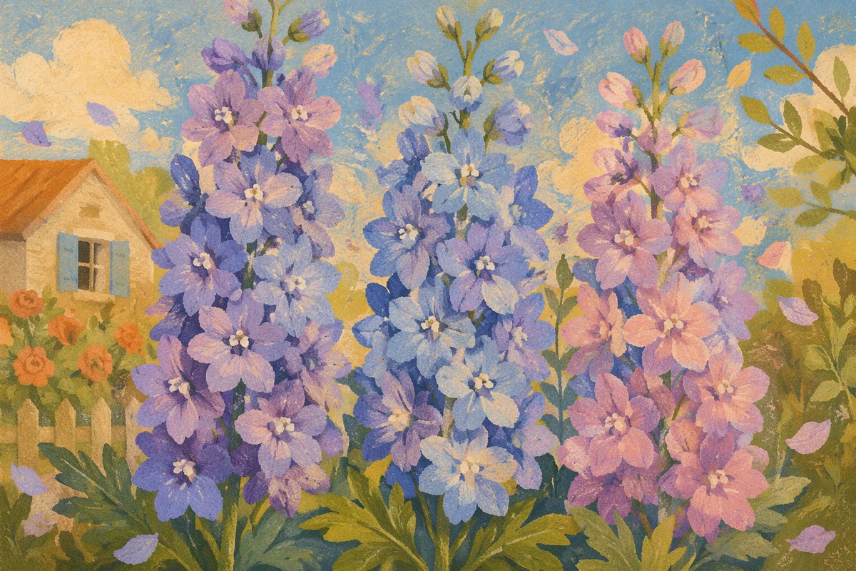 Sunlit Summer Delphiniums in Cottage Garden
