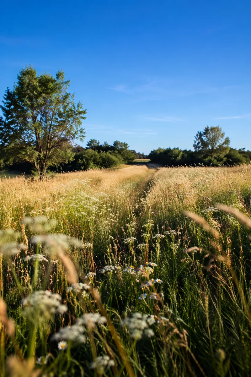 Sunlit Summer Meadow Under Clear Blue Sky