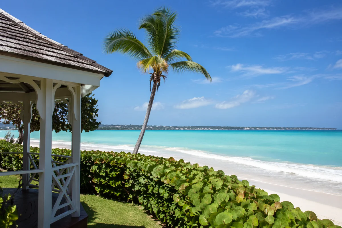 Sunny Tropical Seaside Terrace with Blue Sky