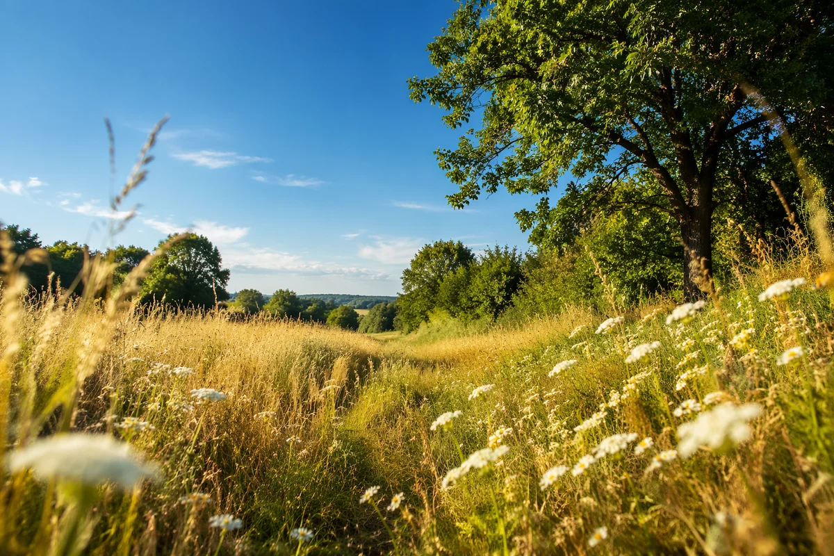 Sunlit Summer Meadow Under Clear Blue Sky