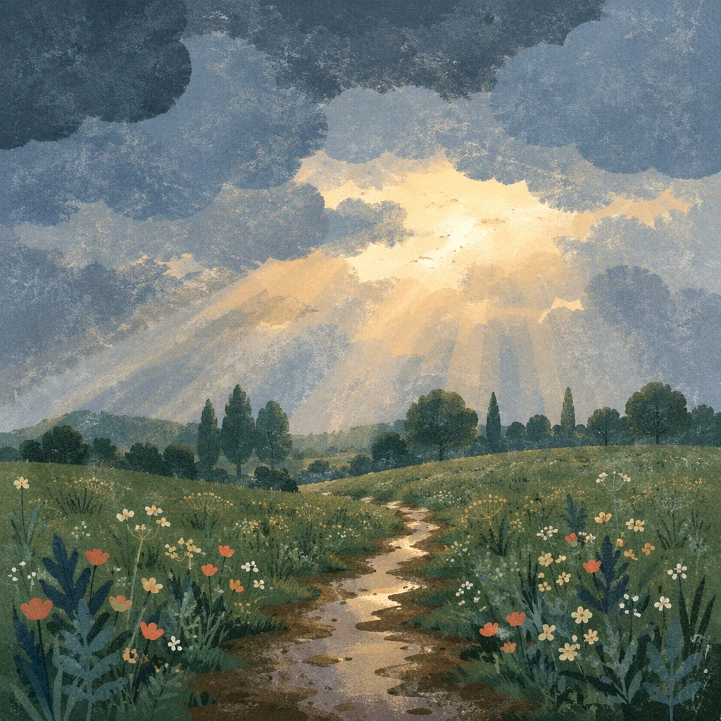 Sun Rays Over Rainy Meadow Path