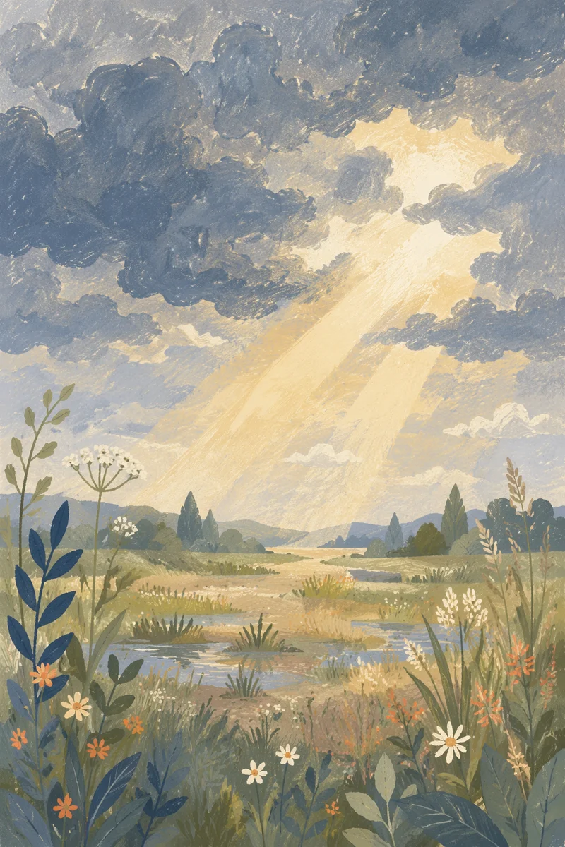Sun Rays Over Rain-Washed Meadow