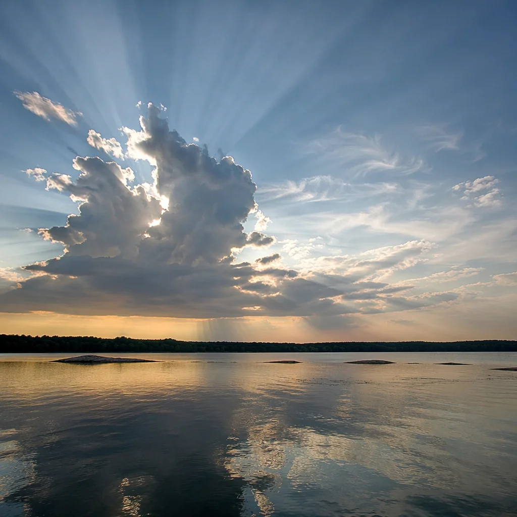 Sun Rays Breaking Through Lakeside Clouds