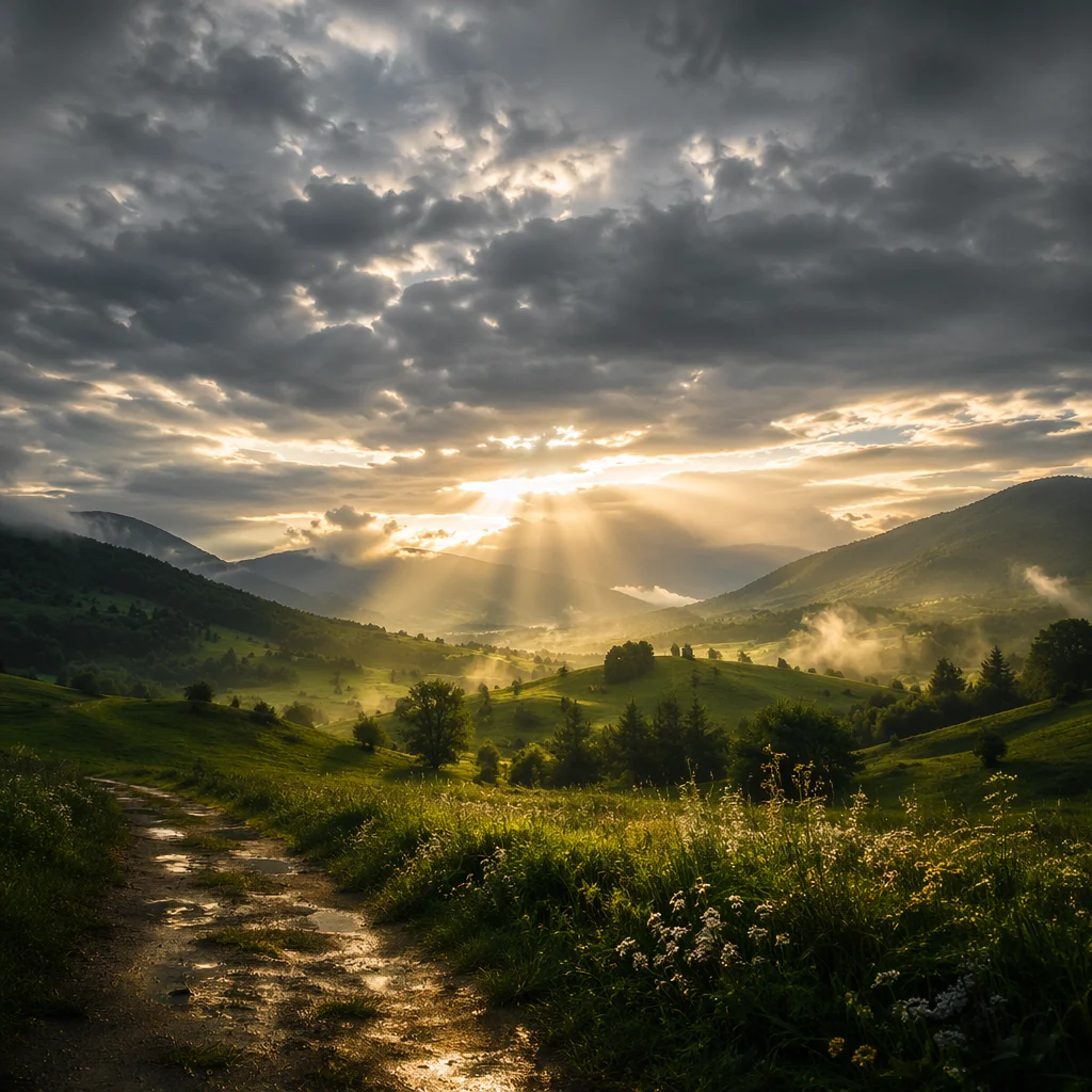 Sun Rays Over Misty Green Valley