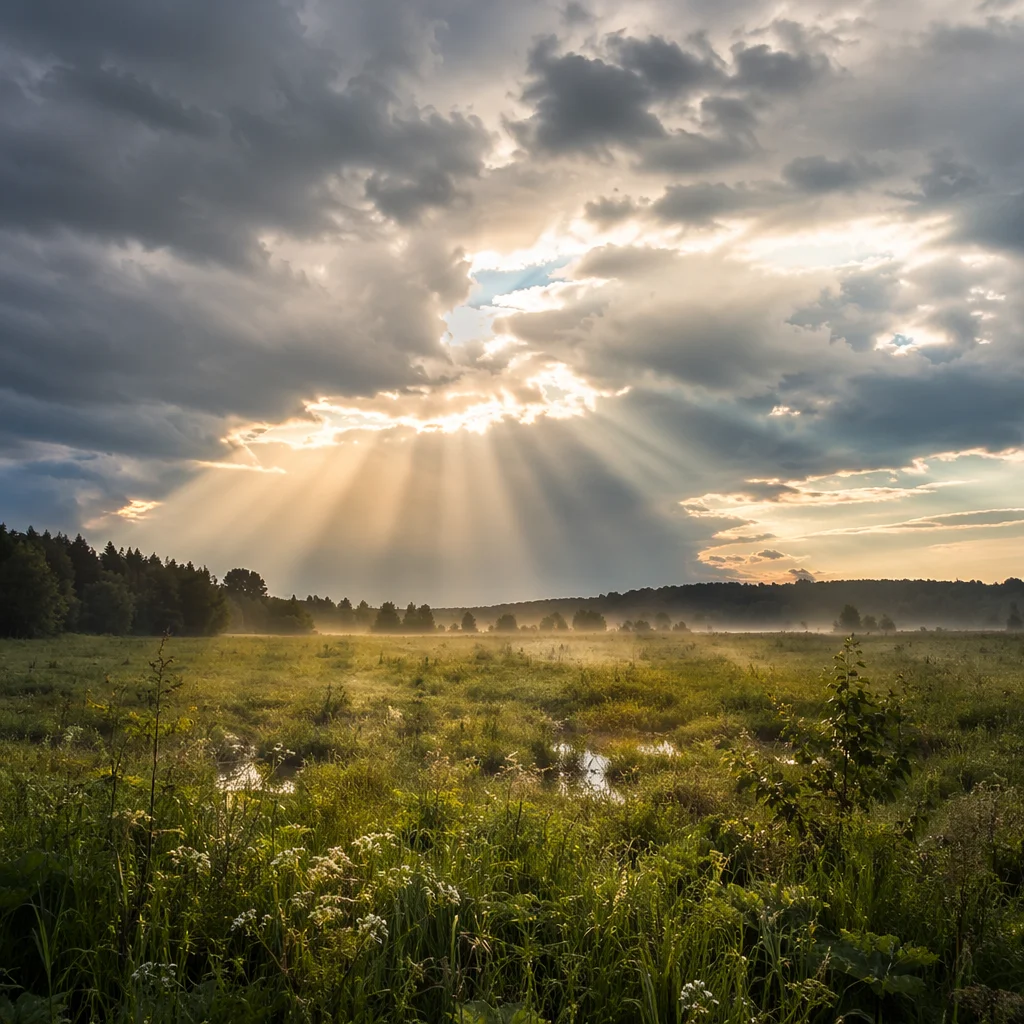 Sun Rays Over Rainwashed Meadow
