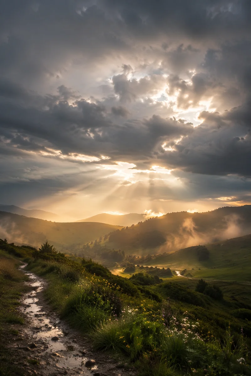 Golden Sun Rays Over Rain Washed Valley