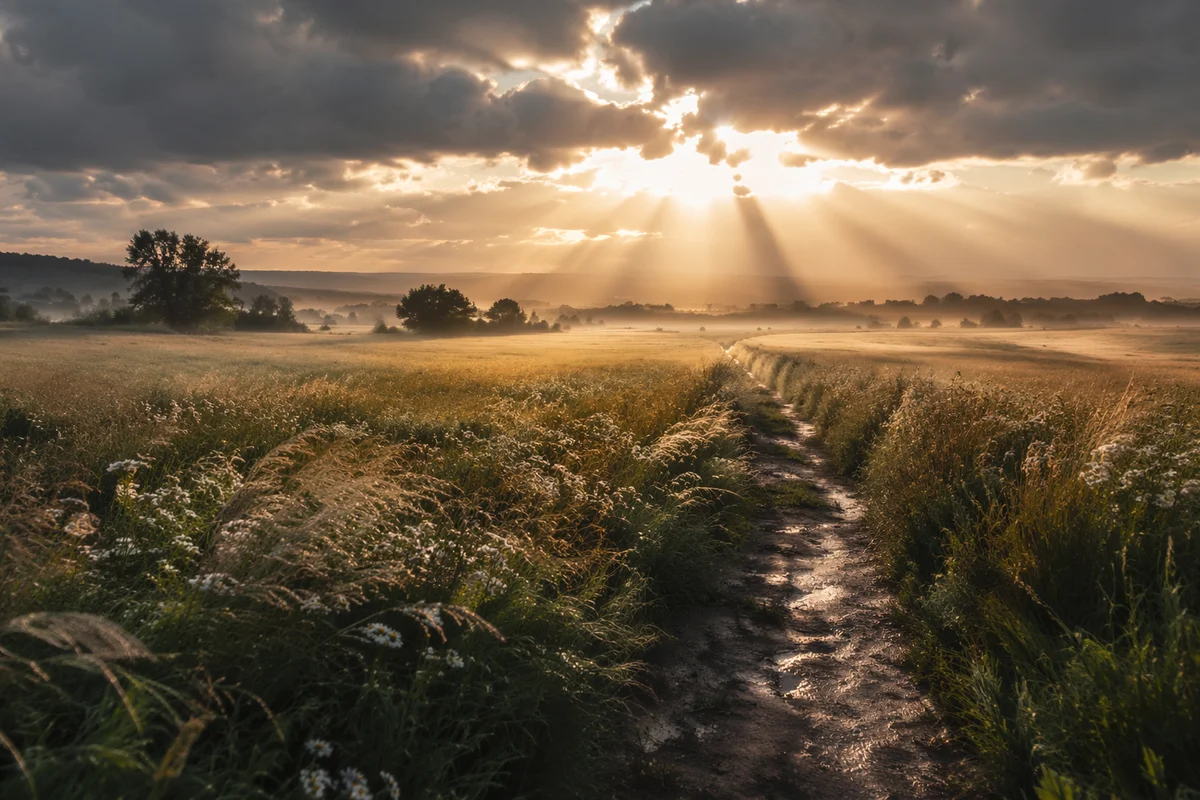 Sun Rays Over Rain Washed Meadow