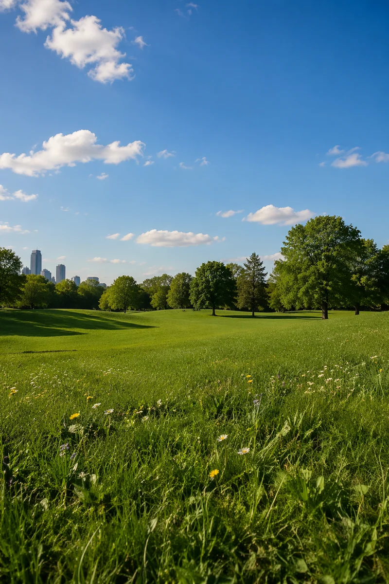 Sunny Park Meadow Under Blue Sky