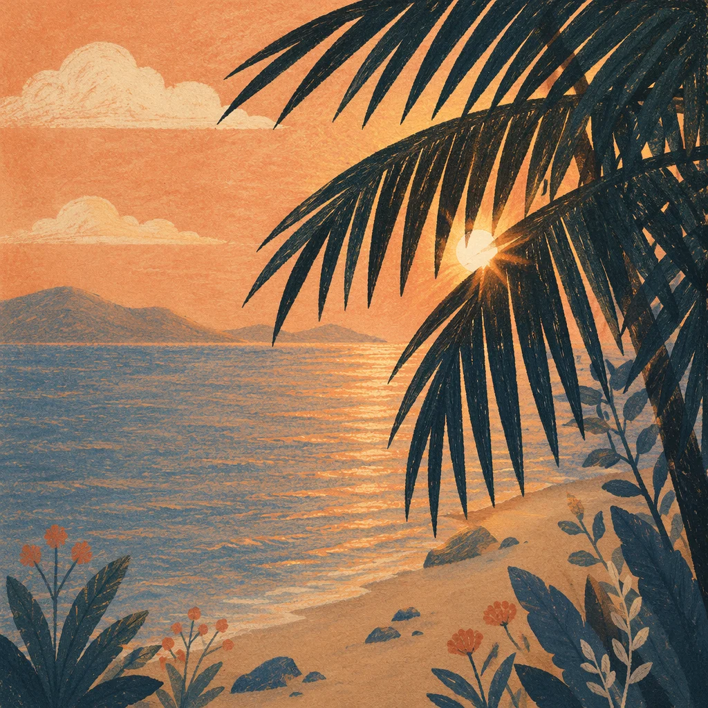 Golden Sunset Ocean Through Palm Fronds