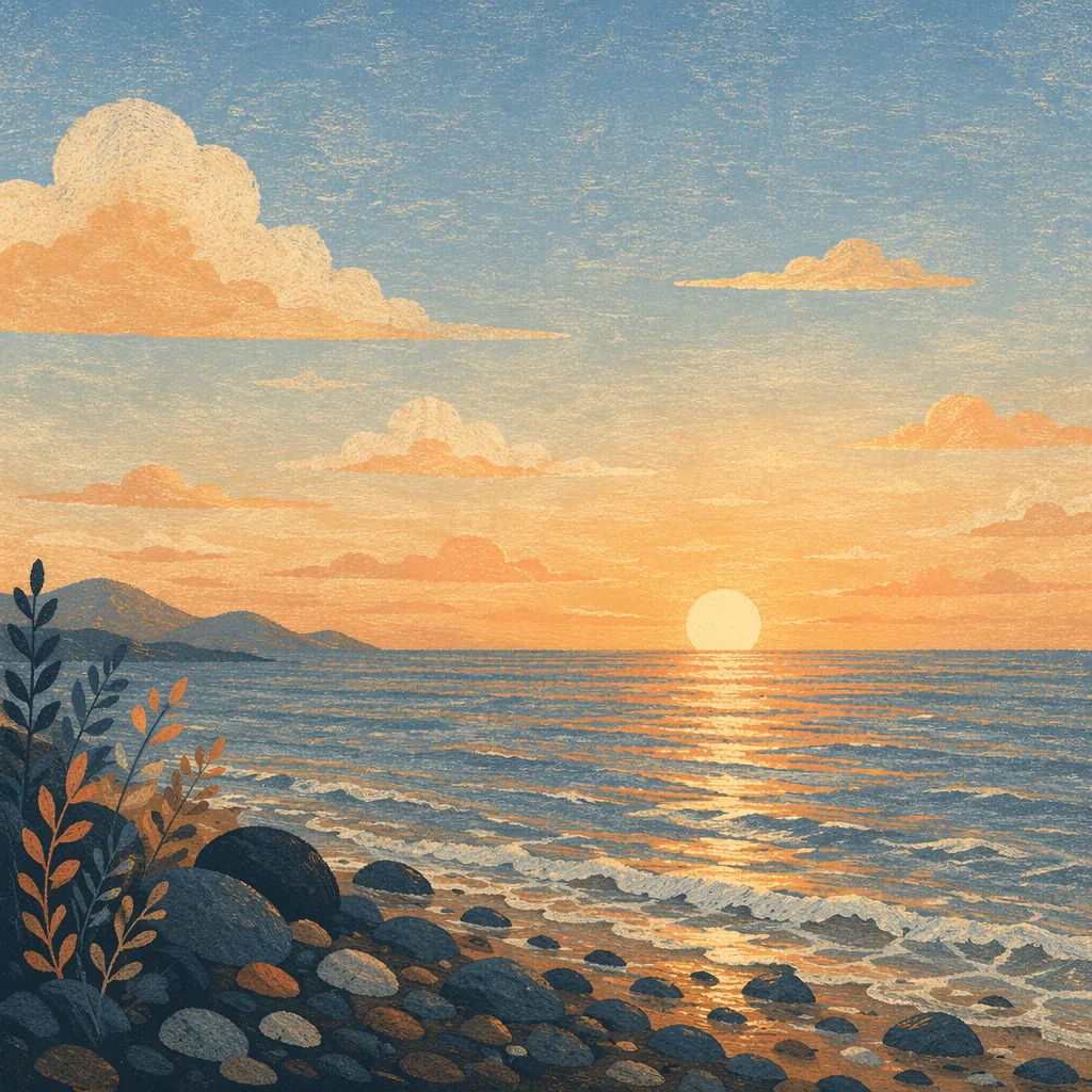Golden Sunset Over Calm Ocean Horizon