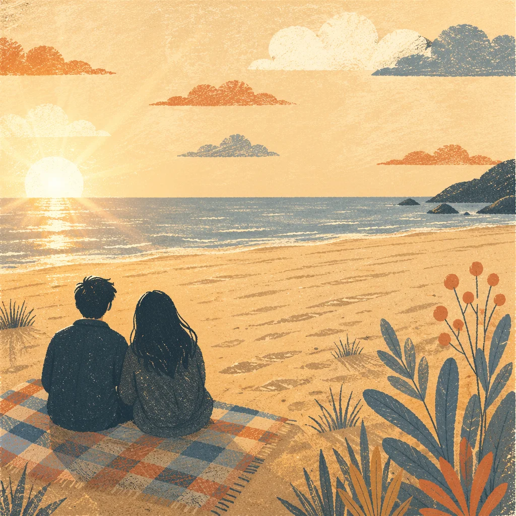 Golden Sunset Ocean Horizon with Quiet Companions