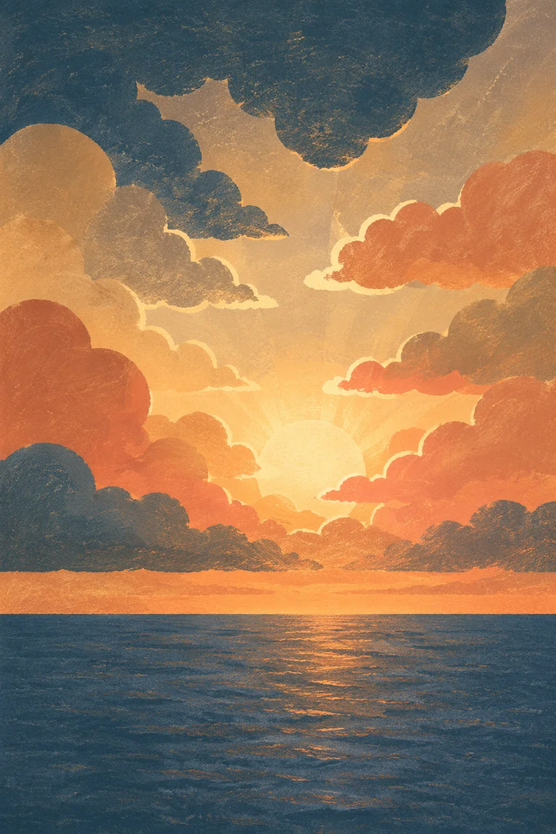 Golden Sunset Over Calm Ocean Horizon