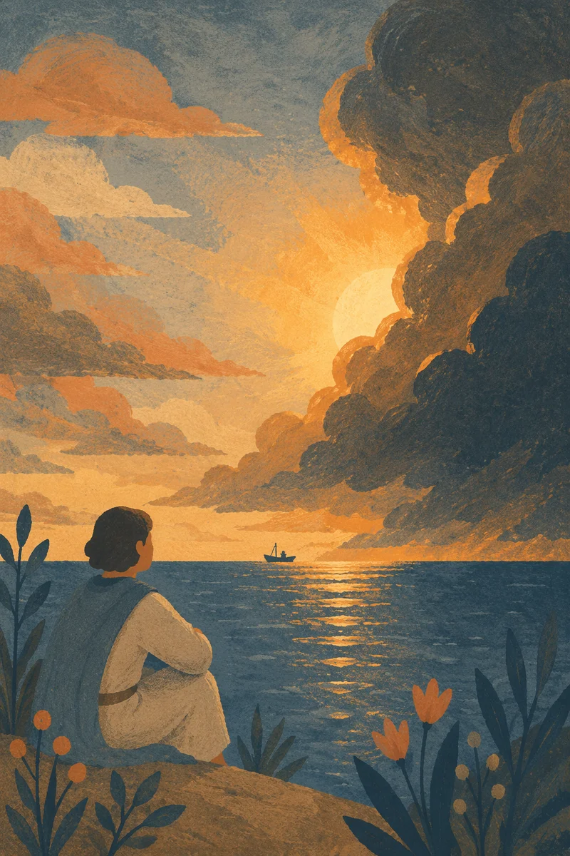 Golden Sunset Ocean Horizon with Distant Boat