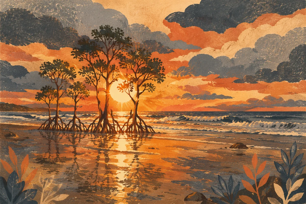 Golden Ocean Sunset with Silhouetted Shoreline Trees
