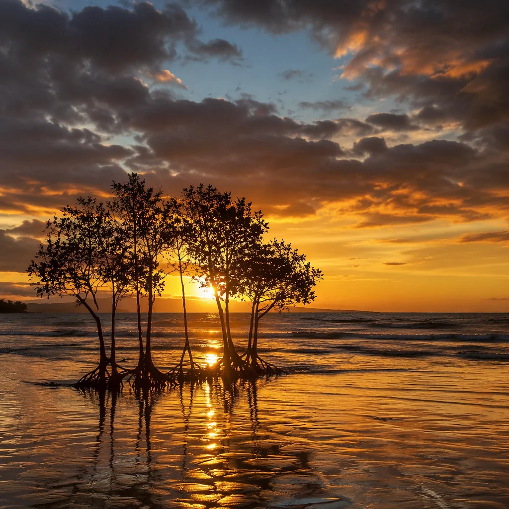Golden Coastal Sunset with Silhouetted Shoreline Trees