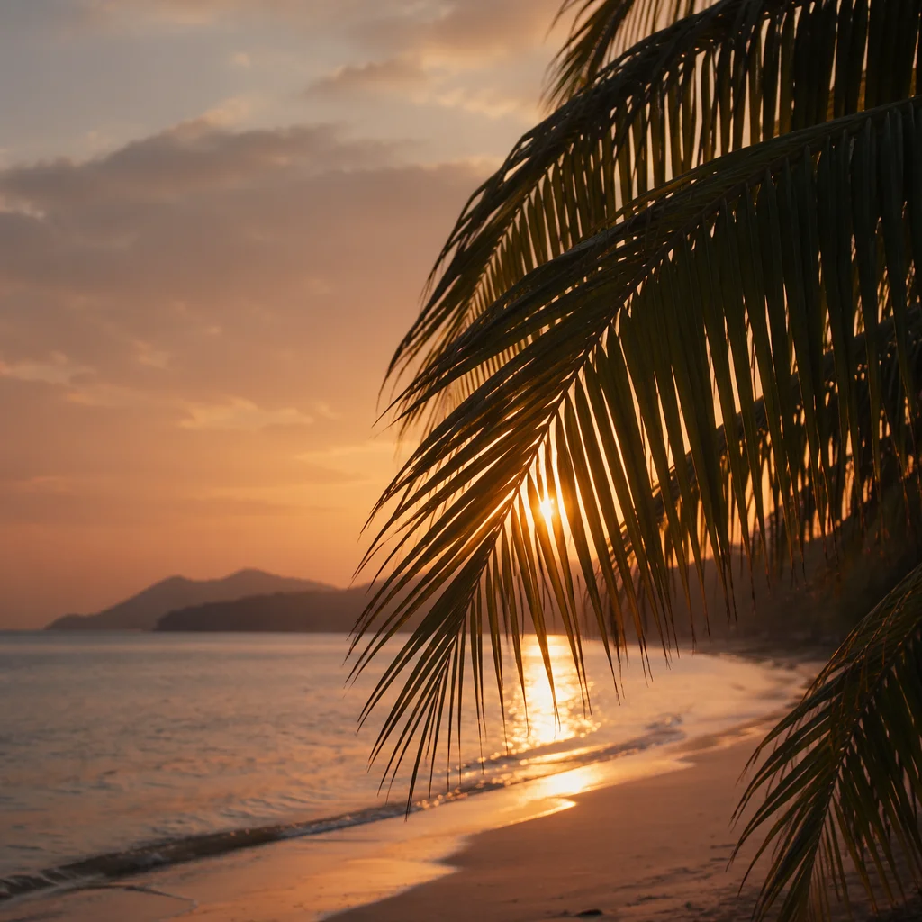 Golden Hour Palm Fronds Over Ocean Horizon