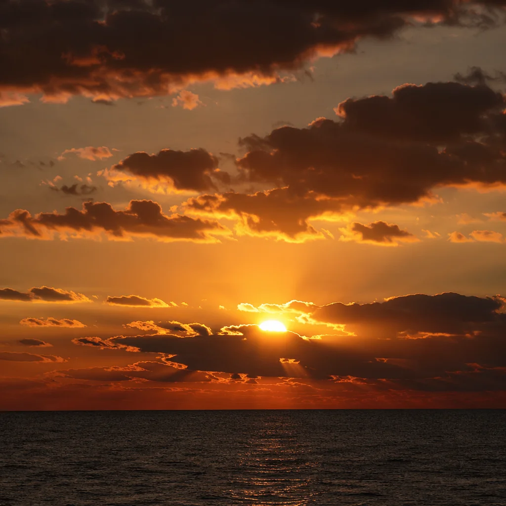 Golden Sunset Over Calm Ocean Horizon