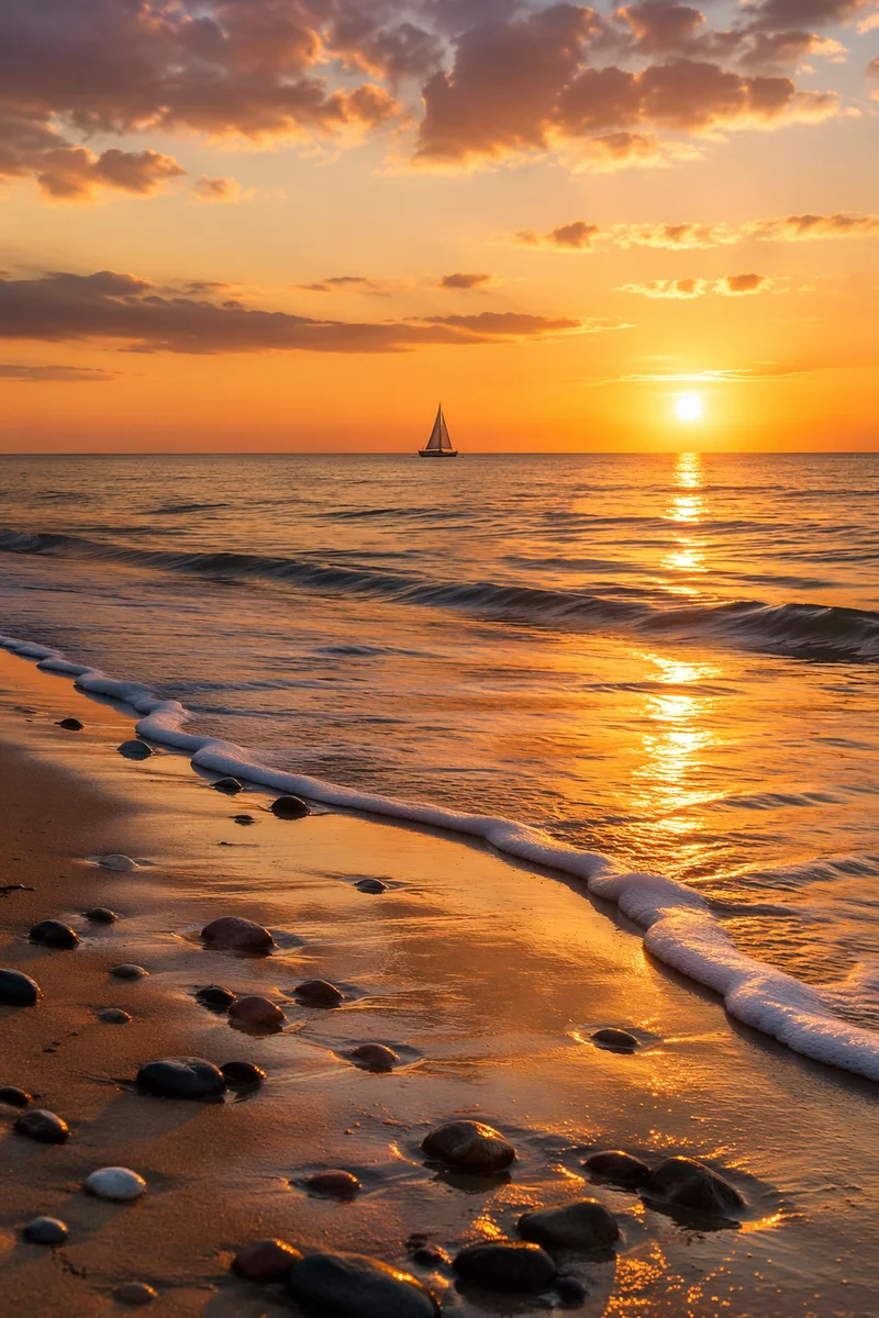 Golden Sunset Ocean Horizon with Distant Sailboat