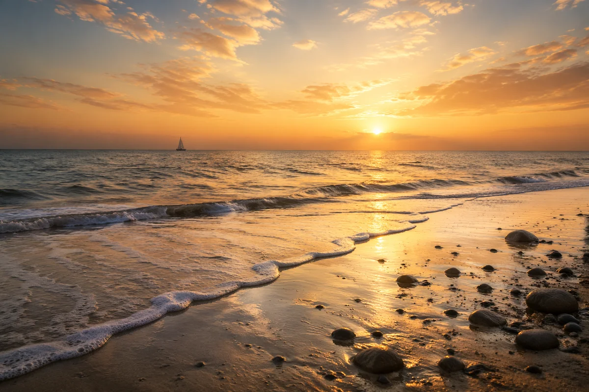 Golden Sunset Ocean Horizon with Sailboat