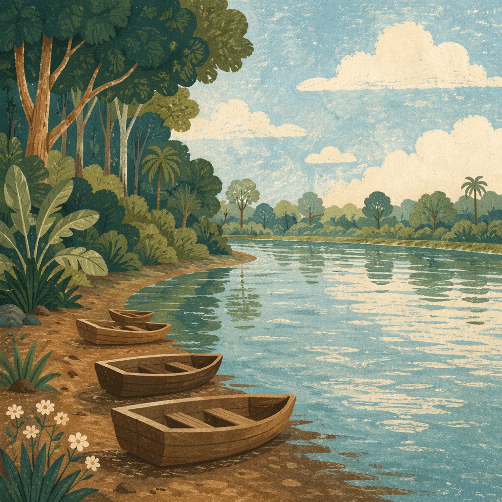 Clear Forest River With Wooden Boats