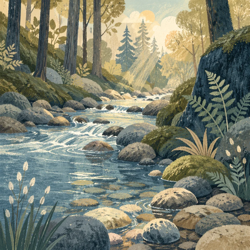 Clear Mountain Stream in Morning Woodland