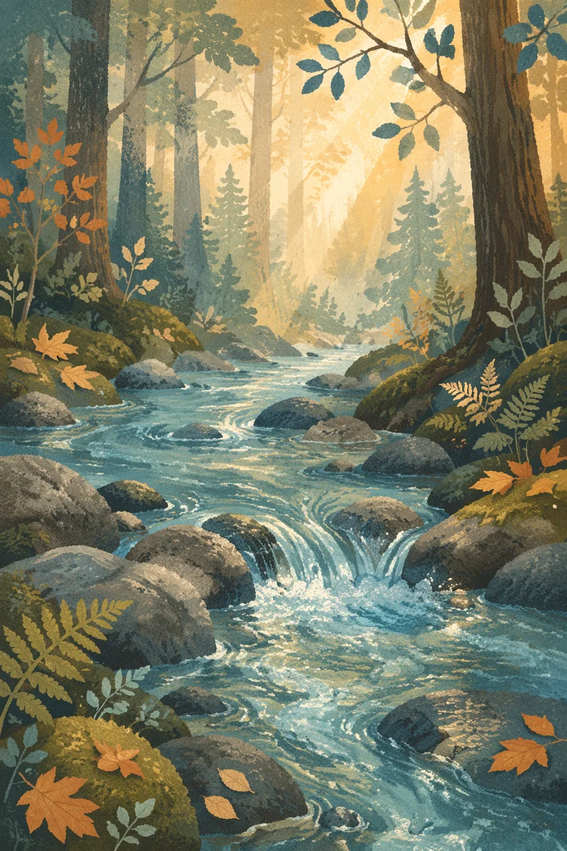 Clear Mountain River in Morning Forest