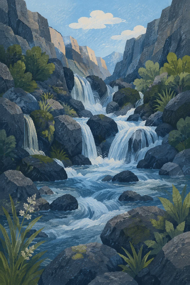 Clear Mountain Stream Through Rocky Gorge