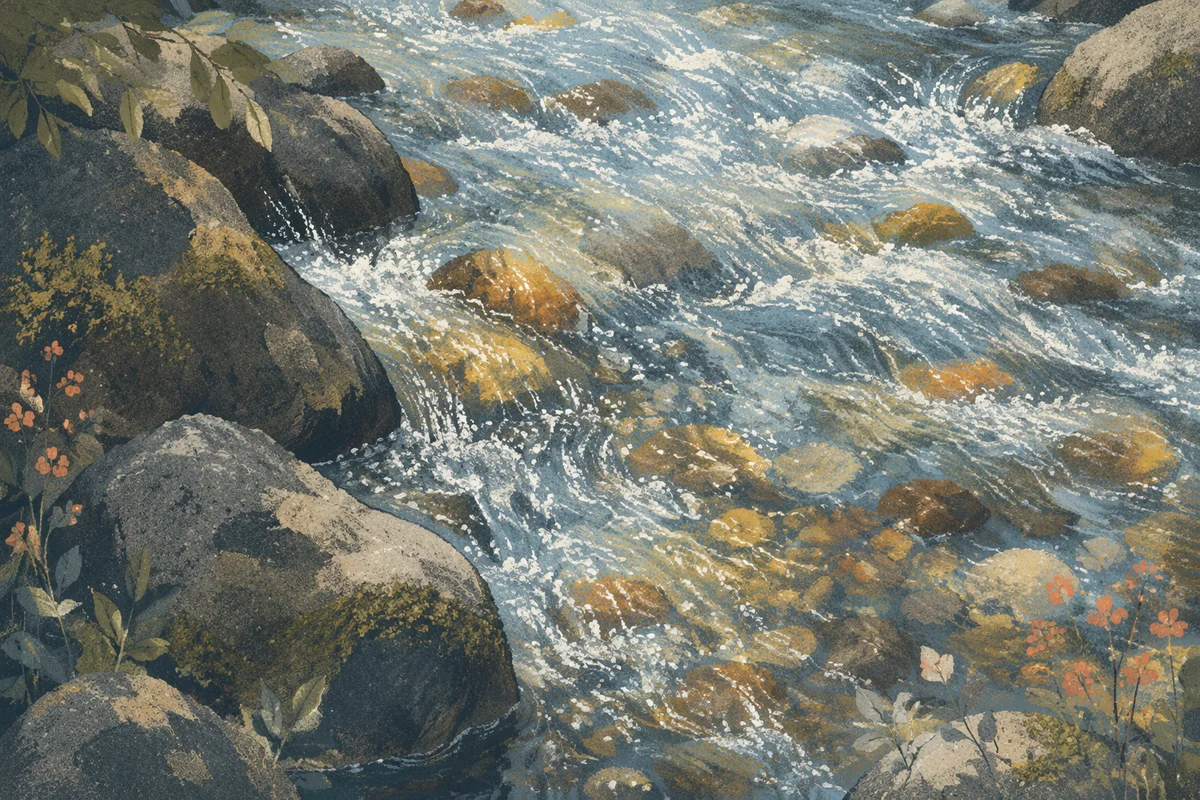 Clear Mountain Stream Over Amber River Stones