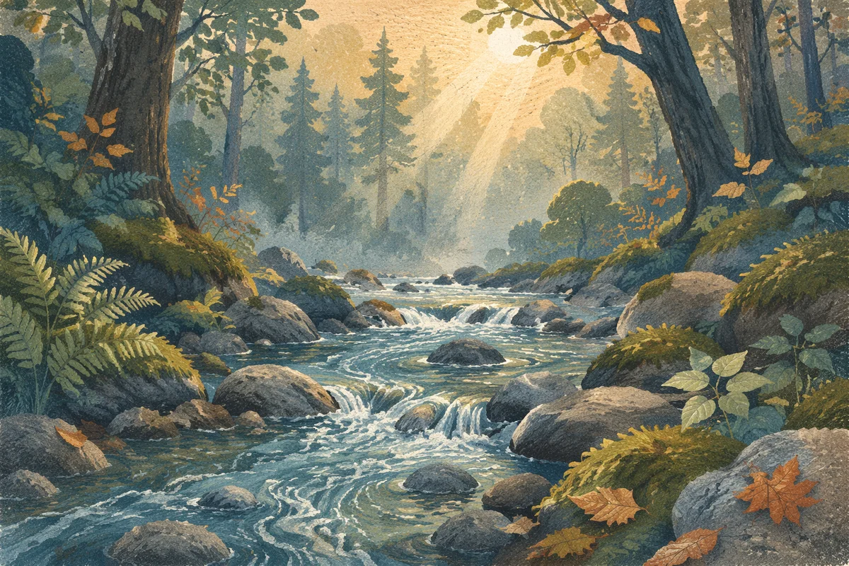Clear Mountain River in Morning Forest