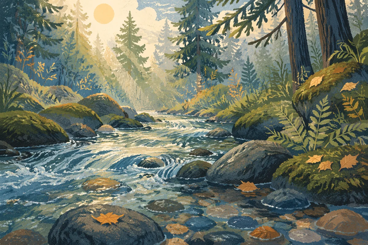 Clear Mountain Stream in Quiet Evergreen Woodland
