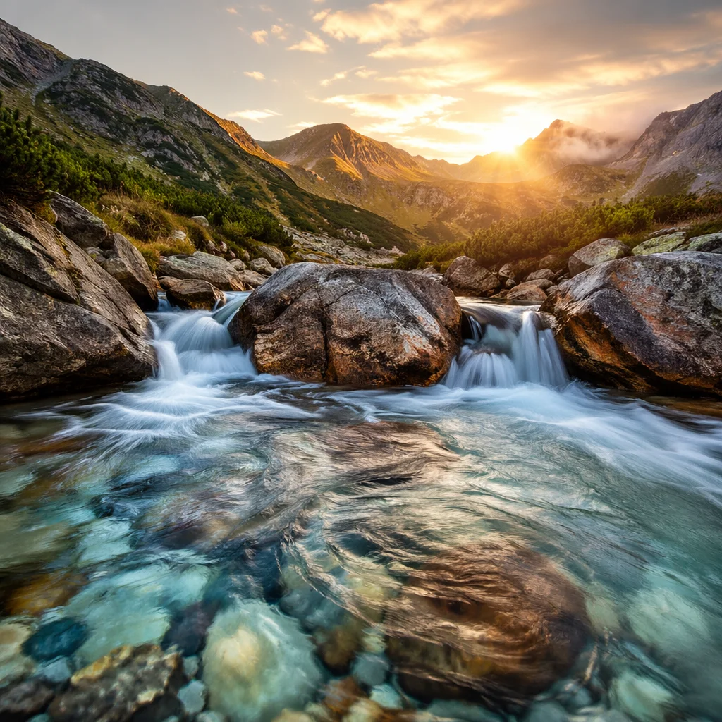 Clear Alpine Stream at Golden Sunrise