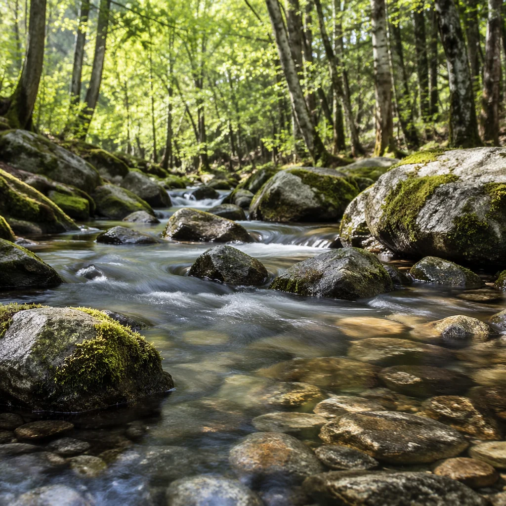 Clear Mountain Stream in Morning Forest