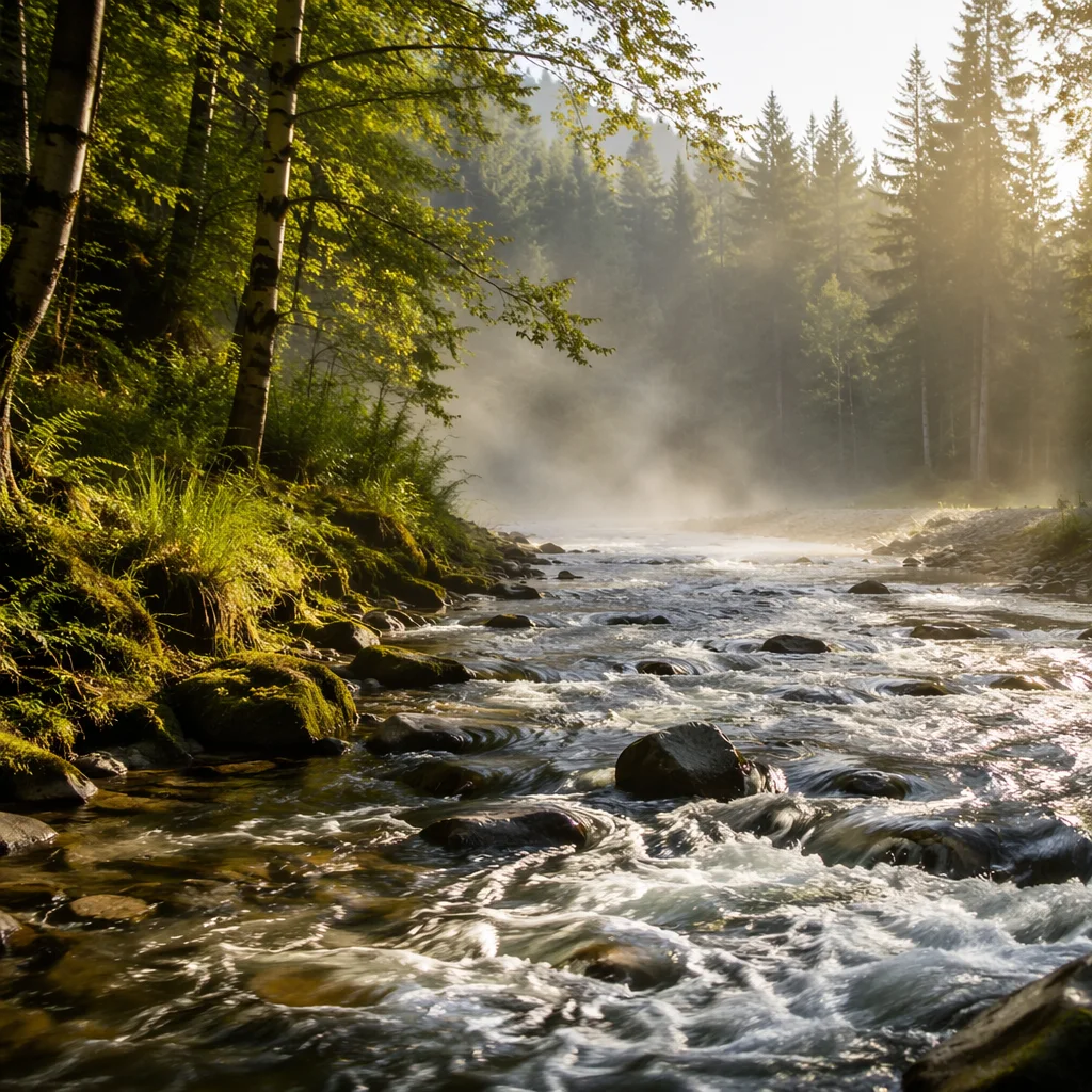 Clear Mountain Stream in Morning Forest