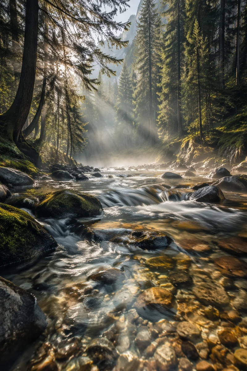 Clear Mountain Stream in Morning Forest
