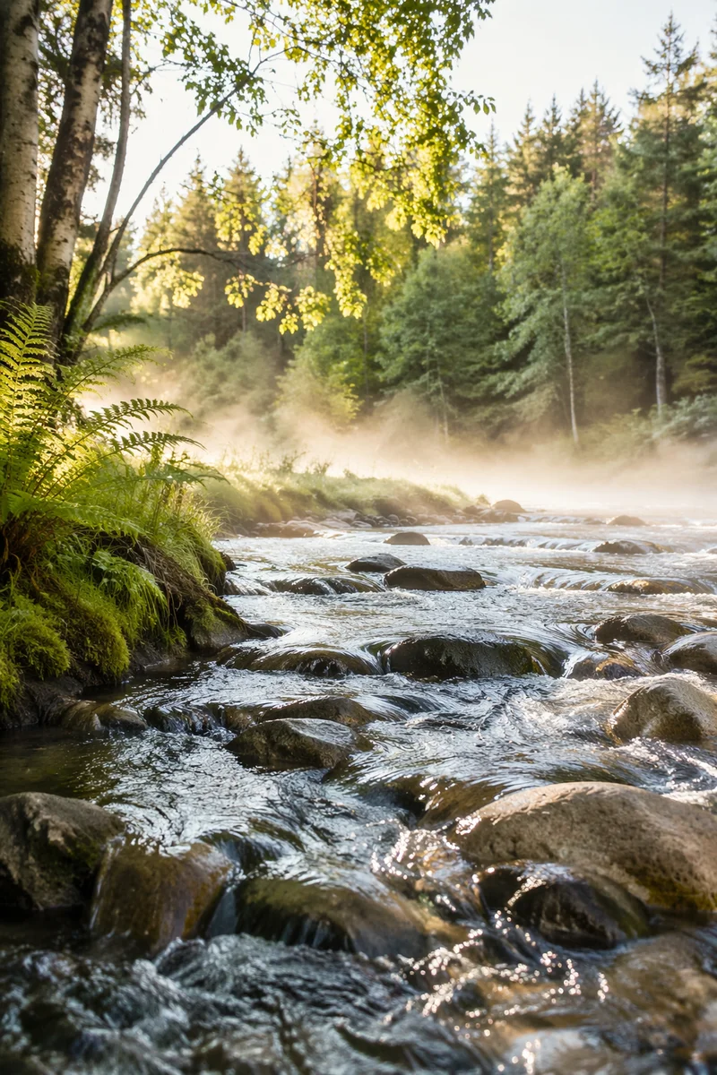 Clear Mountain Stream in Morning Forest