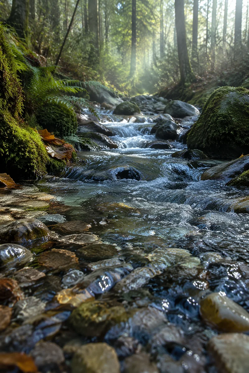 Crystal Clear Mountain Stream in Evergreen Forest