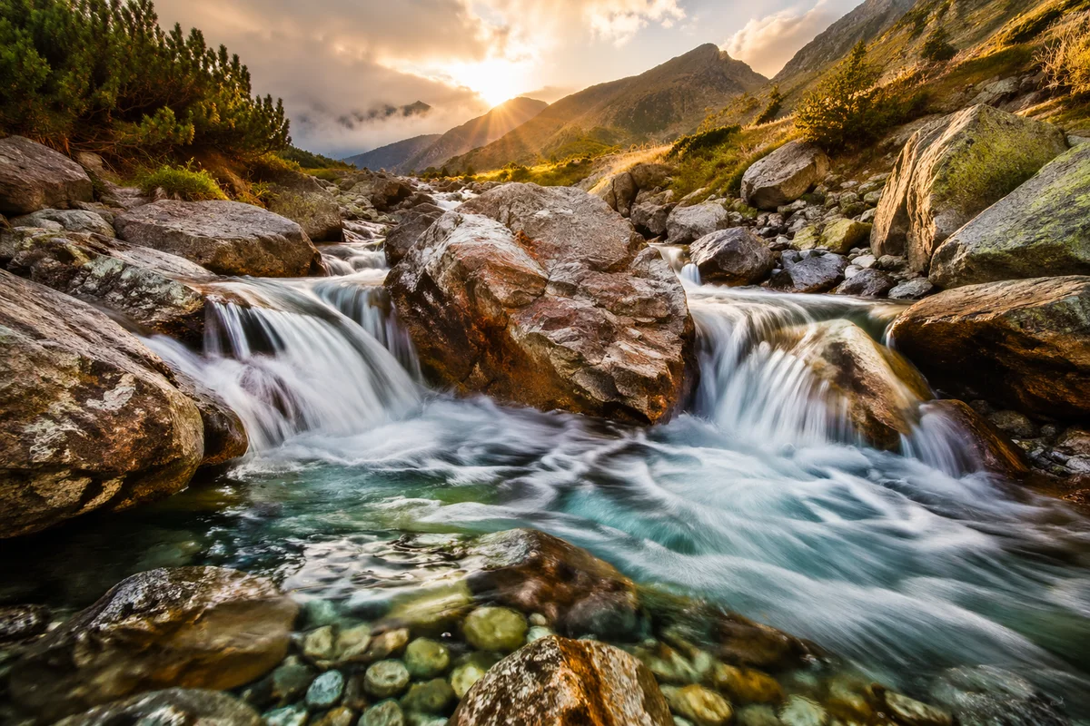 Clear Alpine Stream at Golden Sunrise