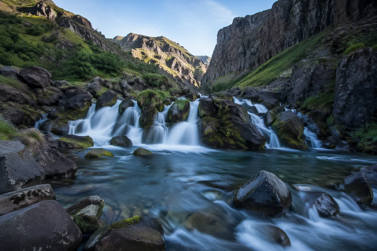 Clear Mountain Stream Through Rocky Gorge