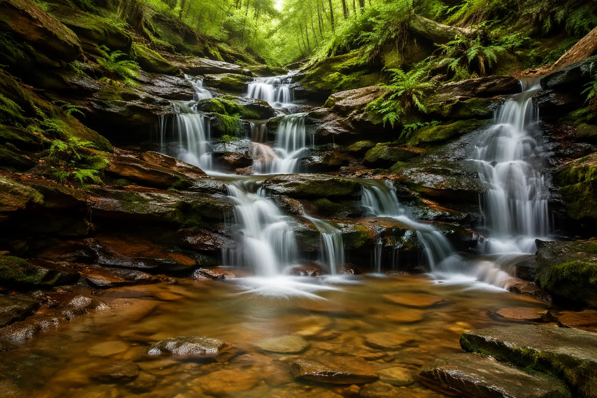 Clear Woodland Stream with Cascading Waterfalls