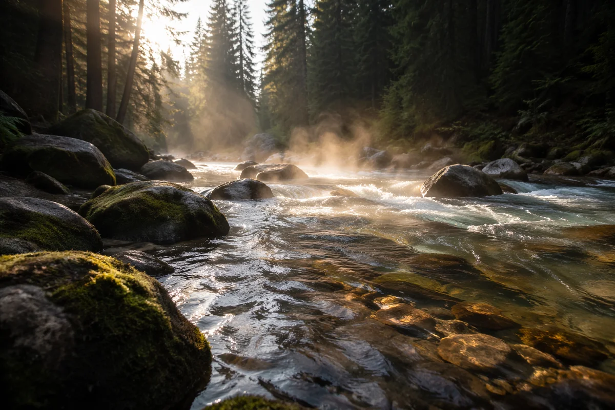 Clear Mountain Stream in Morning Forest