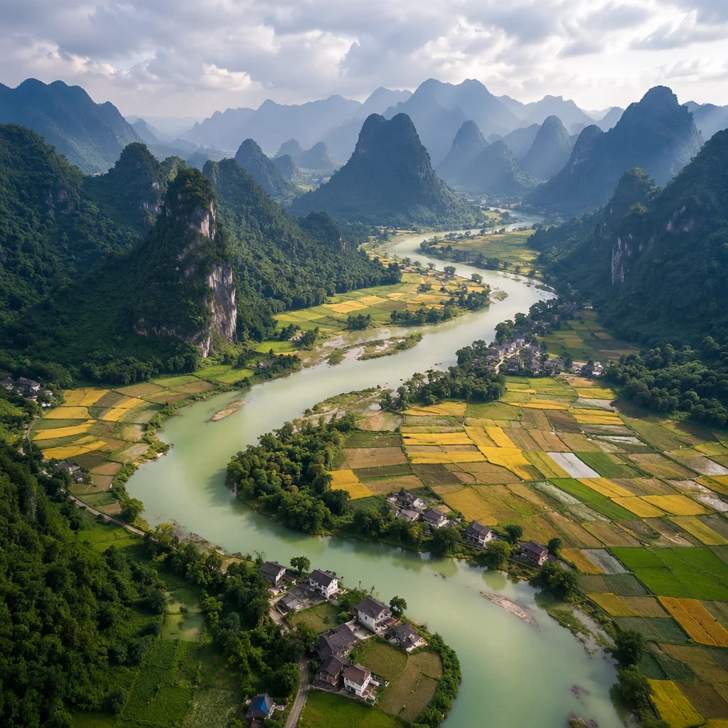 Winding Jade River Through Green Valley